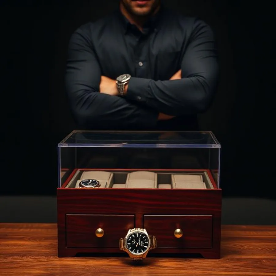 A premium watch case photographed for an Amazon listing